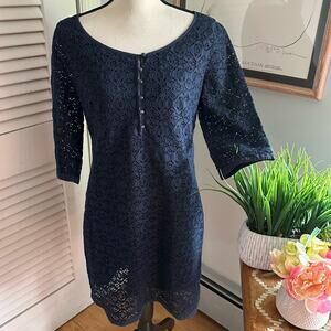 TABITHA Womens Dress 10 Navy Blue Lace 3/4 Sleeve Preppy Classic Cocktail